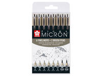 Fineliner Sakura Pigma Micron set à 6 schrijfbreedtes met twee brushpennen koudgrijs