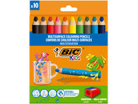 Kleurpotloden BicKids Multi Surface + puntenslijper assorti 10 stuks