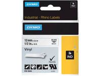 Labeltape Dymo Rhino industrieel vinyl 12mm zwart op wit