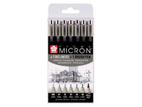 Fineliner Sakura Pigma Micron set à 6 schrijfbreedtes met brushpen zwart